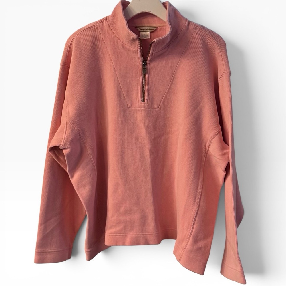 Tommy Bahama Sweatshirt Women L Coral Pink Quarter Zip Preppy Coastal Resortwear